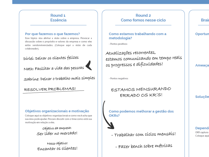 No Round1 relembre com o grupo a essência, os "porquês", daquilo que vocês fazem! Esse exercício é ideal para engajar e manter o foco no que é primordial. Já no Round2 detalhe a experiência com a metodologia OKR e veja os pontos que podem ser melhorados.