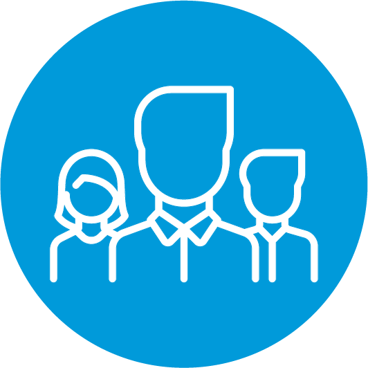 circulo redondo azul com icone de três pessoas em branco, coblue avaliação de desempenho