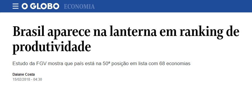 imagem de matéria do globo sobre brasil na lanterna do ranking de produtividade, pesquisa fgv. CoBlue