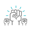 ícones azul e cinza de três punhos fechados representando união, colaboração e trabalho em equipe com os okr, objective and key results